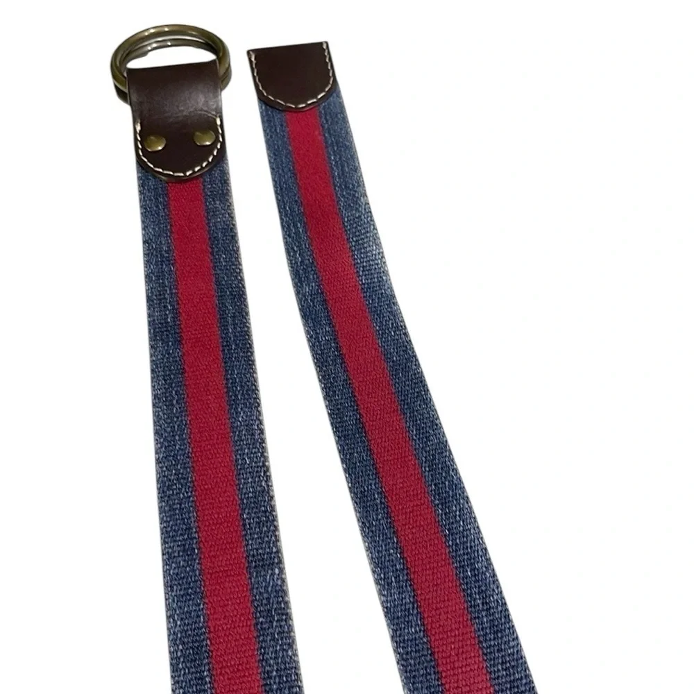 J. McLaughlin Fabric Web Belt Navy Red Stripe D/O Ring SZ M Women’s